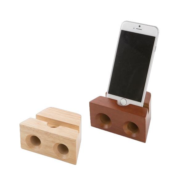 スマホスピーカー 木製 電源不要 エコグッズ おしゃれな雑貨 記念品 ノベルティ 小ロット ラバーウッドスピーカースタンド ダブルホーン