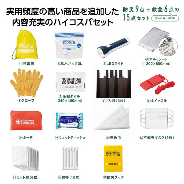 防災セット アルミシート LEDライト 他 備品 まとめ買い ノベルティ 小ロット モシモニソナエル 防災15点セット