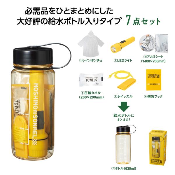 防災セット ボトル アルミシート LEDライト 他 備品 まとめ買い ノベルティ 小ロット モシモニソナエル 防災備蓄ボトル7点セット