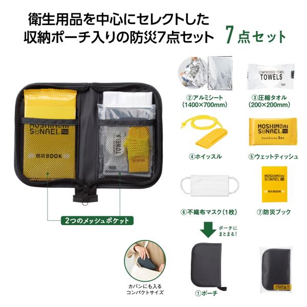 防災セット ポーチ アルミシート ホイッスル 他 備品 まとめ買い ノベルティ 小ロット モシモニソナエル 防災ポーチ7点セット