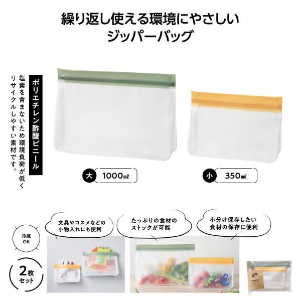 ジッパー保存袋 2枚セット 冷蔵可 エコロジー 便利グッズ ノベルティ 小ロット リル 繰り返し使えるジッパーバッグ２枚組