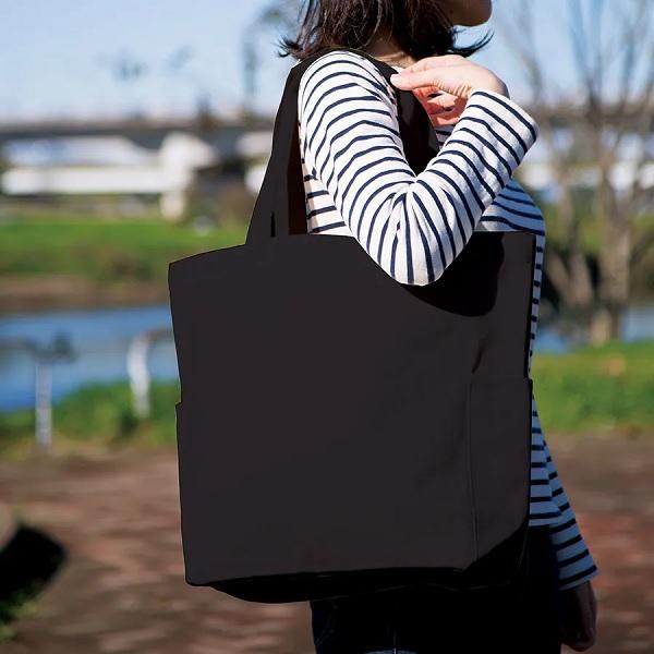 エコバッグ ポケット付 大容量 コットン マイバッグ レジャーバッグ 格安 景品 販促品 ノベルティ 小ロット 厚手キャンバスマルチトート ナイトブラック