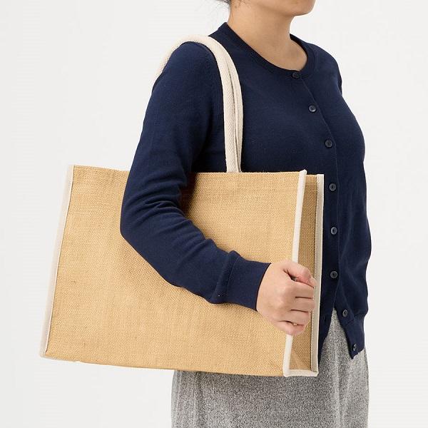 麻バッグ トートバッグ エコバッグ レジャーバッグ ノベルティ 小ロット ジュートスクエアパイピングトート Lサイズ