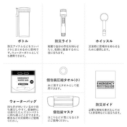 防災セット 懐中電灯 マスク ホイッスル他 備品 ノベルティ 防災緊急7点セット ボトルタイプ